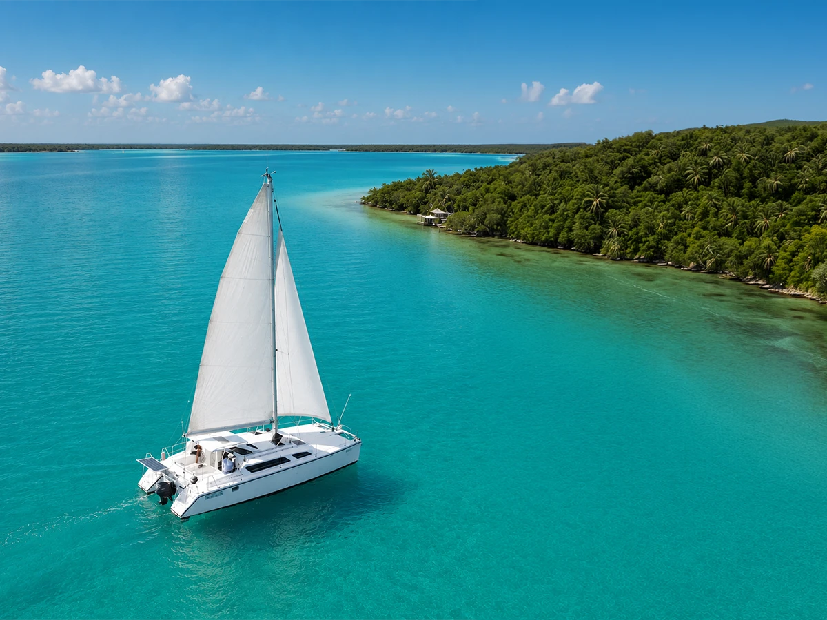 Velero navegando por las aguas turquesas de Bacalar