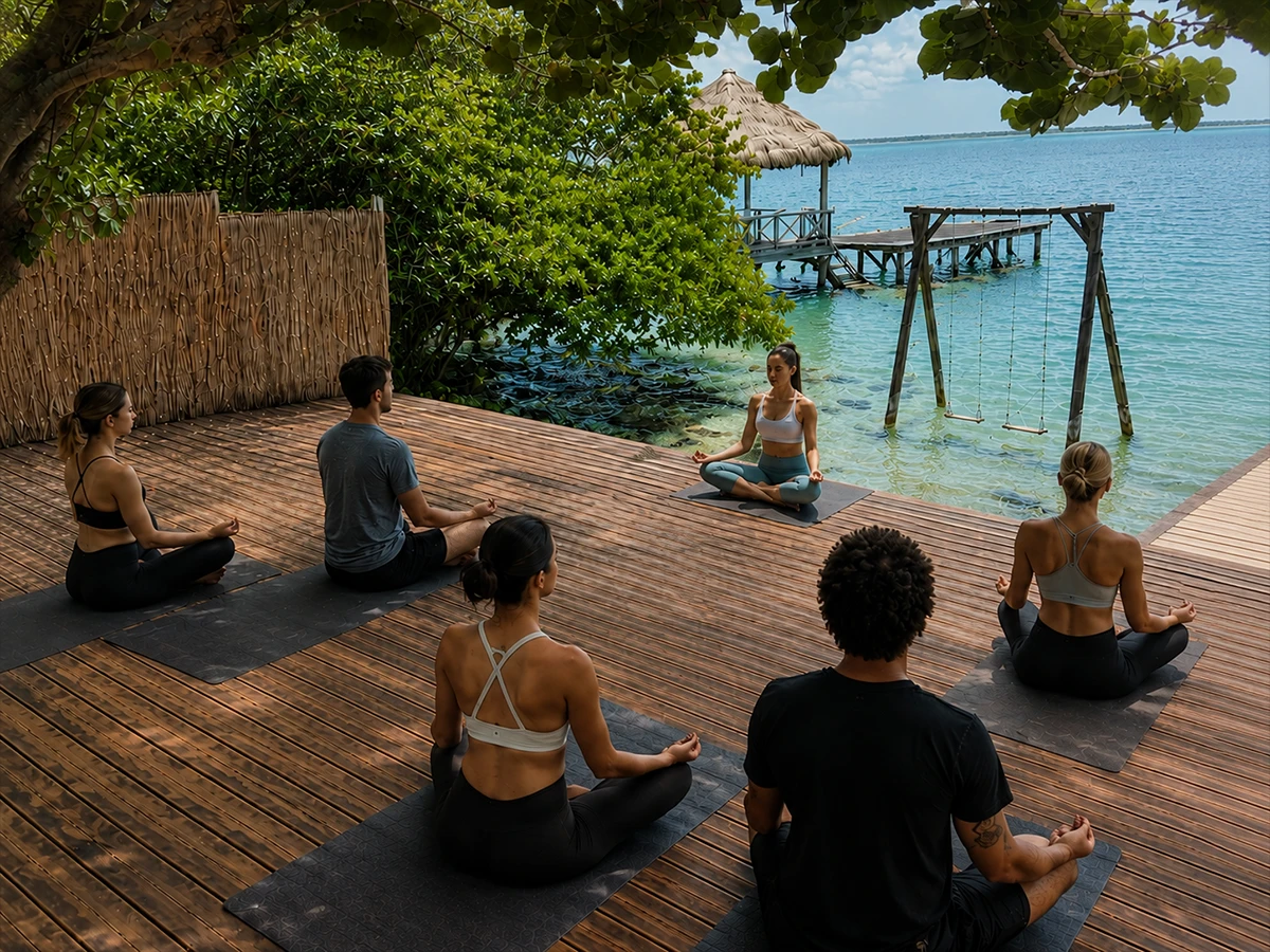 Clase de yoga en la terraza frente a la laguna